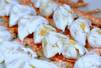 Closeup Rows of Mouthwatering Steamed Flower Crab Legs with Tomalley Crab Fat