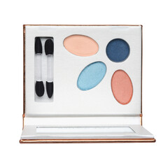 Open cosmetic set with eye shadows and applicators in beige plastic case
