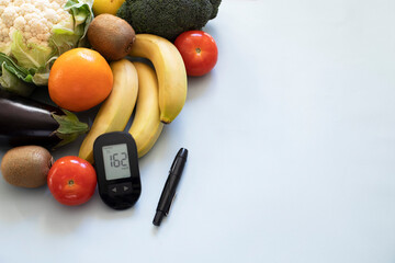Glucose meter, lancelet and  healthy foods for diabetic diet