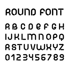 Black round font. Vector alphabet of latin letters and numbers.