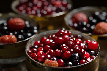 close-up of delicious and healthy breakfast. selective focus photo of chia seeds, natural yogurt, and fresh berries such as cranberries, strawberries and currants. healthy food concept.