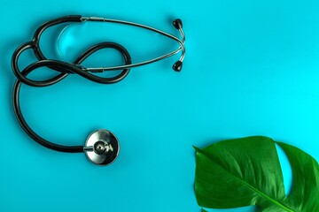 A medical stethoscope and a large green leaf of a monstera plant on an aquamarine background.