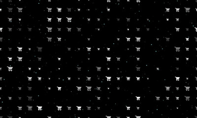 Seamless background pattern of evenly spaced white shopping cart symbols of different sizes and opacity. Vector illustration on black background with stars