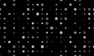 Seamless background pattern of evenly spaced white car wheel symbols of different sizes and opacity. Vector illustration on black background with stars