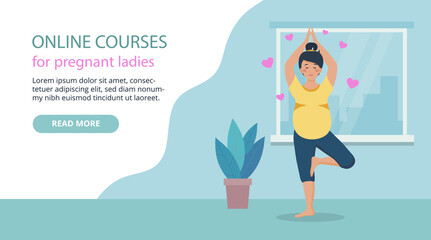 Online Courses For Pregnant Women Vector Illustration In Flat Cartoon Style. Webpage Layout Composition With Blue Button And Relaxed Female Character In Yoga Position. Sport And Healthy Life Placard
