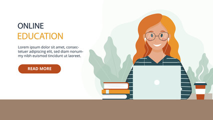 Vector Illustration In Cartoon Flat Style On Online Education Concept. Webpage Layout Composition With Text And Button. Female Character Sitting At Laptop Near Books Smiling. Remote Learning Ideas