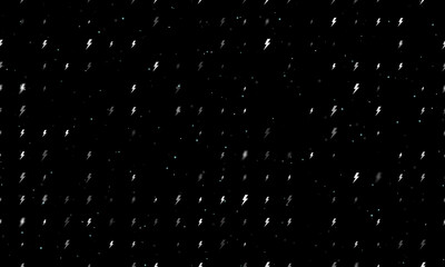 Seamless background pattern of evenly spaced white lightning symbols of different sizes and opacity. Vector illustration on black background with stars