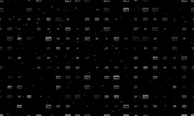 Seamless background pattern of evenly spaced white credit card symbols of different sizes and opacity. Vector illustration on black background with stars