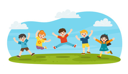 Children's activities. Happy children are jumping on the park. Template for advertising brochure.