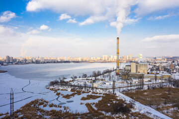 Fototapeta na wymiar Garbage incineration plant at the winter aerial panorama view.