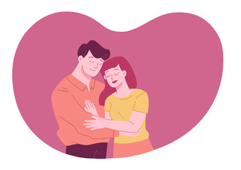 Young romantic couple is hug and spending time together in pink heart shape background. Valentine Romantic concept.