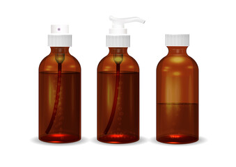 Brown cosmetic bottles isolated on black background.