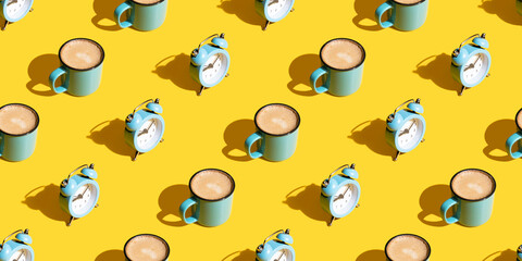 Clock and coffee mug pattern. The concept of waking up from a clock and cups on a yellow background.