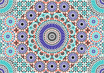 Arabic seamless mosaic. Red, blue and green colors. Zellige Colorful Vector.