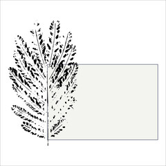 Abstract grey rectangle background with black frame for text with ink black abstract branch leaves prints on the side. Vector. Quote text info design. Template for social networks stories and posts.