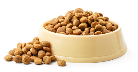 Dry dog food in a bowl on a white background. Isolated - 406783038