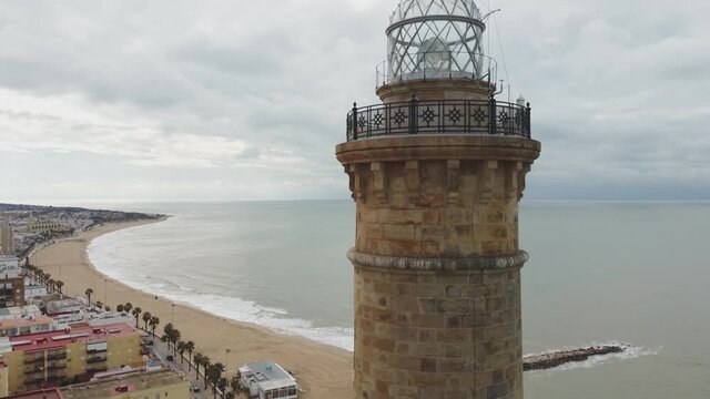 Aerial view of the top of the Chipiona lighthouse with a drone.