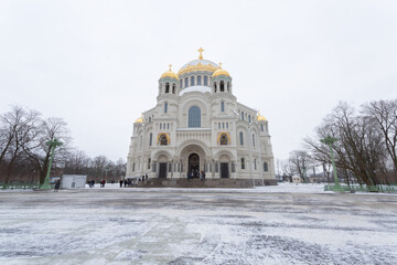 A beautiful orthodox cathedral in Kronstadt, Saint Petersburg in winter.