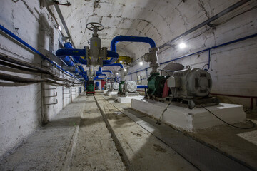 Underground gold mine water pumping station room with pumpsets