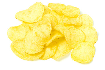 Heap of potato chips isolated on white background.