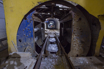 Underground gold mine shaft tunnel drift with rotary car wagon tipper