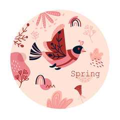 Label with geometric bird. Spring Sticker with pink shapes, rainbow, flower. Emblem with abstract decorative floral elements.