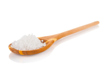 Sea salt in wooden spoon isolated on white background