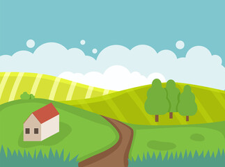 Fototapeta premium Spring landscape with hills, trees, house and road
