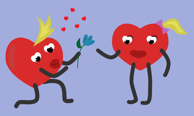 
Vector on a purple background two red hearts with eyes for Valentine's Day.