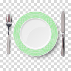 Empty vector green plate with geometric white pattern and knife and fork isolated on transparent background. View from above.
