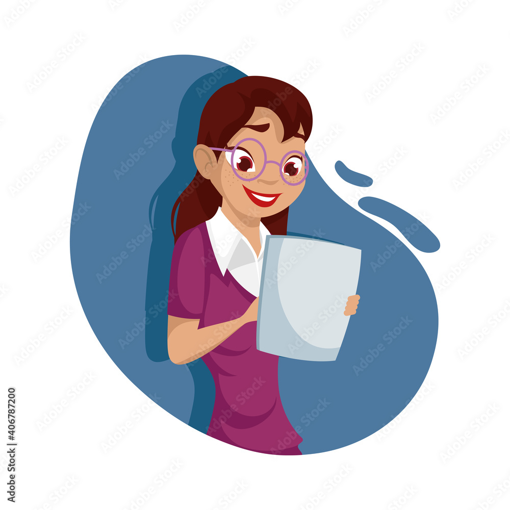 Wall mural woman cartoon with glasses and document paper vector design