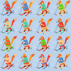 Seamless pattern of skiing foxes wearing in multicolored sweaters. Animalistic vector background