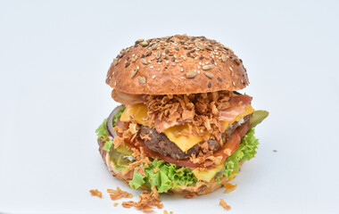 Fresh tasty burger with onions and tomatoes 