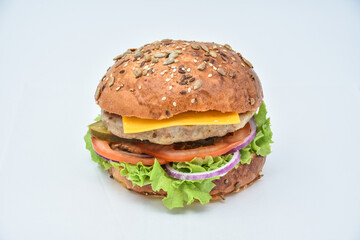 Fresh tasty burger with onions and tomatoes 