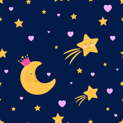 Cute cartoon seamless pattern with sleeping moon and shooting stars. Good night texture. Kids design on dark blue and transparent background.