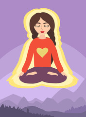 Girl in the lotus position on the background of mountain landscape. woman in meditation.