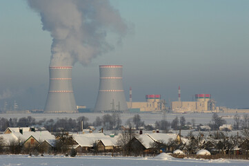 Panorama of a working nuclear power plant in Belarus in January 2021.