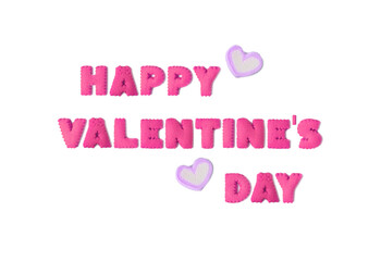 The word HAPPY VALENTINE'S DAY spelled with alphabet cookies and heart shaped marshmallows on white background