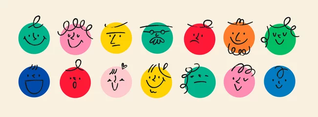 Deurstickers Round abstract comic Faces with various Emotions. Crayon drawing style. Different colorful characters. Cartoon style. Flat design. Hand drawn trendy Vector illustration. © Dariia