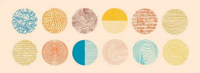 Foto op Plexiglas Set of round Abstract colorful Backgrounds or Patterns. Hand drawn doodle shapes. Spots, drops, curves, Lines. Contemporary modern trendy Vector illustration. Posters, Social media Icons templates © Dariia