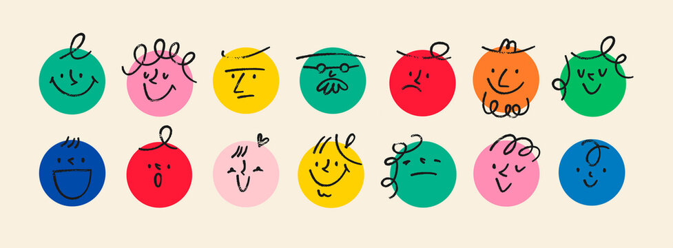 Round abstract comic Faces with various Emotions. Crayon drawing style. Different colorful characters. Cartoon style. Flat design. Hand drawn trendy Vector illustration.
