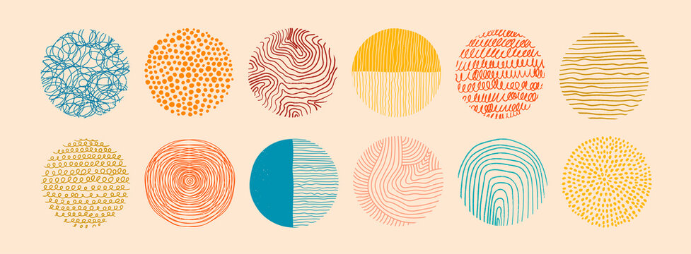 Set of round Abstract colorful Backgrounds or Patterns. Hand drawn doodle shapes. Spots, drops, curves, Lines. Contemporary modern trendy Vector illustration. Posters, Social media Icons templates