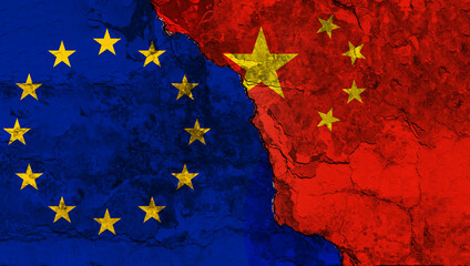 Concept of the Relationship with Flags of the Peoples Republic of China and the European Union on a Wall