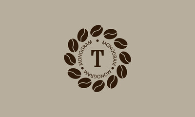 Coffee shop, vector logo on a light brown background. Creative vector sign, illustration of emblem with letter T. Minimalistic monogram on coffee background.