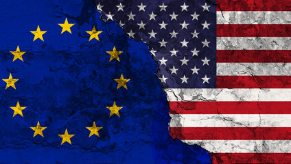 Concept of the Conflict between the United States of America and the European Union with painted flags on a wall with a crack