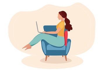 Vector illustration of a girl at a laptop.Work from home, freelancer.Quarantine