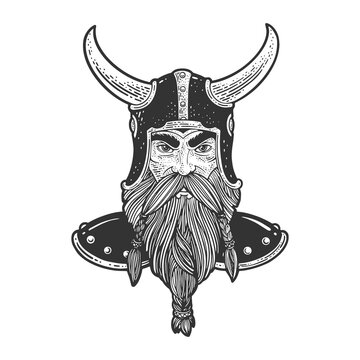 medieval viking sketch engraving vector illustration. T-shirt apparel print design. Scratch board imitation. Black and white hand drawn image.