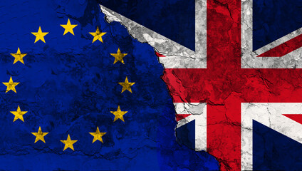 Concept of the Relationship between the United Kingdom and the European Union with Flags on a Wall with a crack after BREXIT