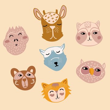 design, face, funny animals, deer, raccoon, owl, fox, wolf, monkey, cartoons, zoo, background, forest, childish, graphic, baby, wildlife, bear, animal, kid, icon, isolated, cat, funny, cartoon, illust