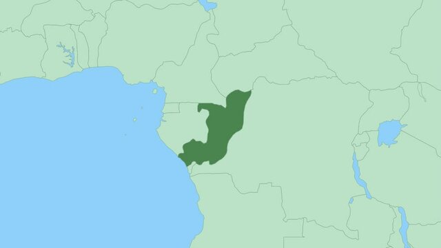 Map of Congo with pin of country capital. Congo Map with neighboring countries in green color.
